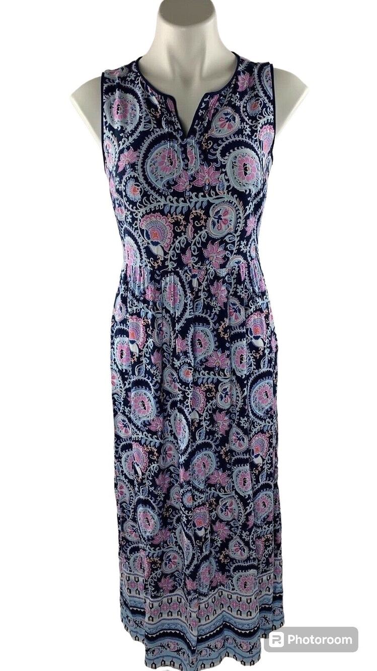 NWT Talbots Blue Floral Paisley Sleeveless Maxi Dress Plus Sz 14W Preppy Cruise